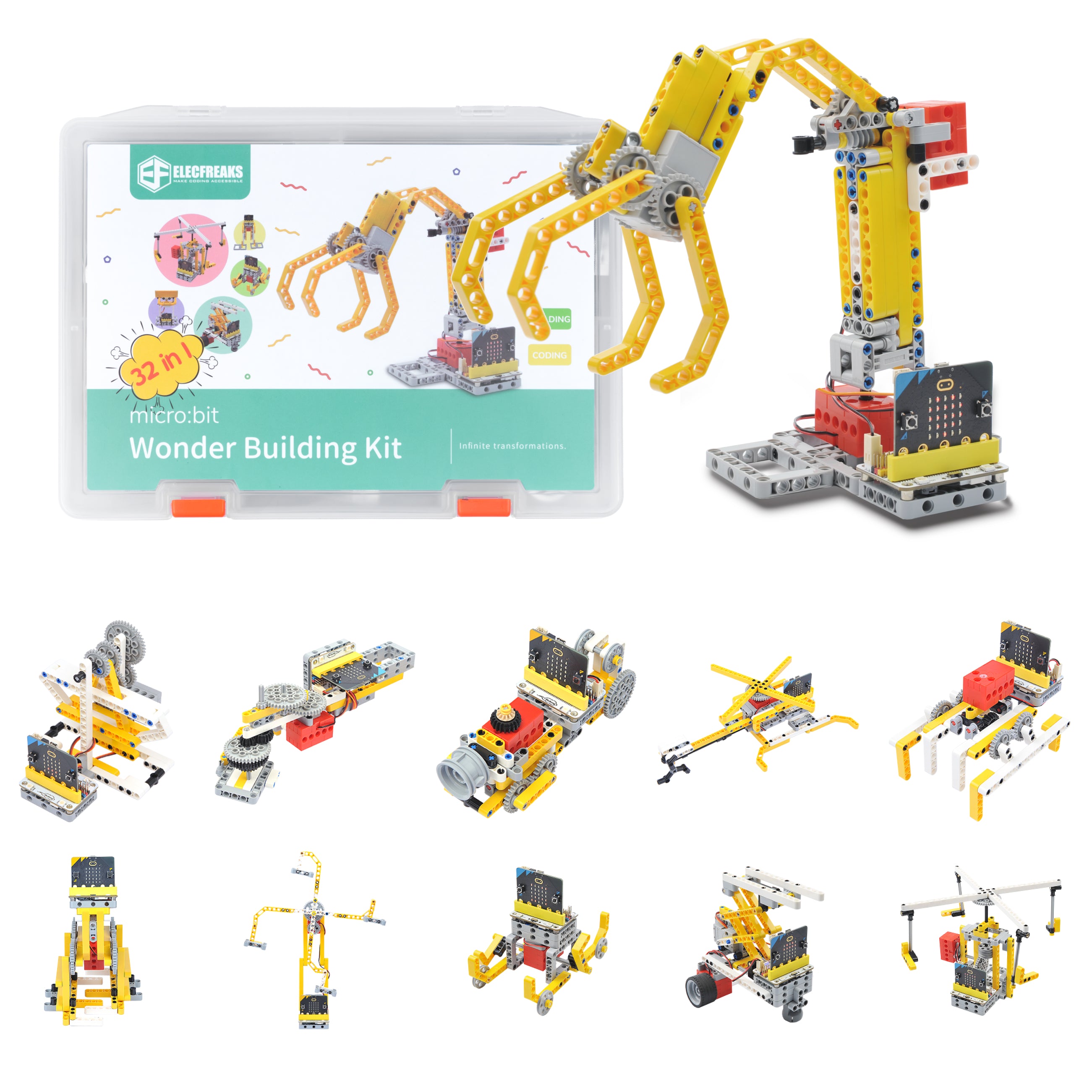 ELECFREAKS micro:bit 32 IN 1 ワンダービルディングキット、ビルディングブロック/センサー/Wukong 拡張ボード付きプログラム可能な K12 教育学習キット