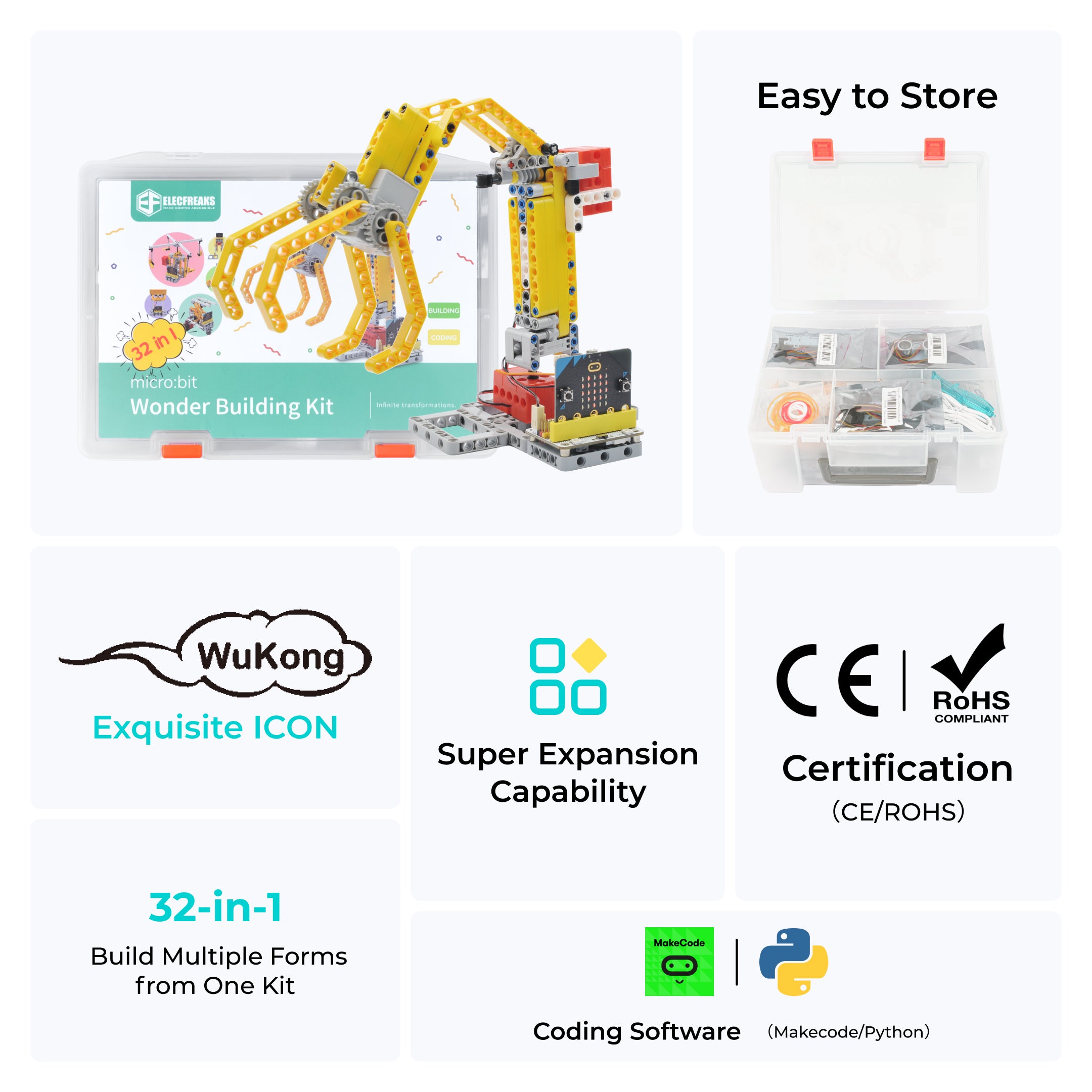 ELECFREAKS micro:bit 32 IN 1 ワンダービルディングキット、ビルディングブロック/センサー/Wukong 拡張ボード付きプログラム可能な K12 教育学習キット